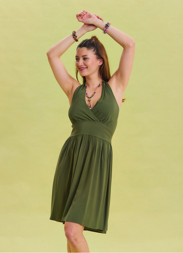 V Neck Halter Khaki Mini Dress 4545